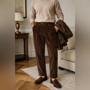 Incotex Mens Cotton Cashmere Corduroy Pant Sz 38x31 Brown Pleated Cuffed Trouser